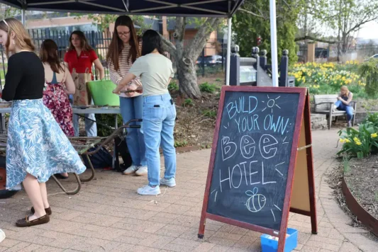 ef-16 A sign at Earth Fest promoting a workshop where participants could build their own bee hotel.