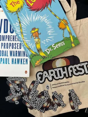 ef-2024-1 A collage including a Dr. Seuss book, an Earth Fest tote bag and a book about global warming.