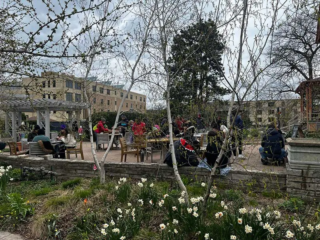 Trees surround an outdoor lounging space at Allen Centennial Garden at UW-Madison.